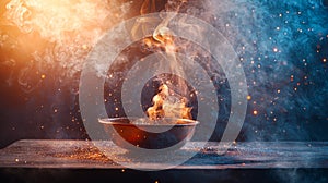 Copper bowl with dramatic smoke and glowing sparks photo