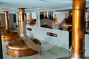 Copper brewing kettles in brewery