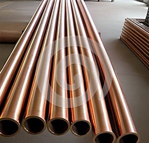 Copper bronze heat exchanger pipes. Heavy non-ferrous metallurgy. Factory industrial production of metal cuprum pipes