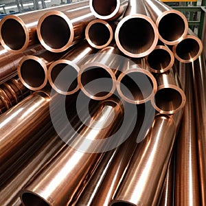 Copper bronze heat exchanger pipes. Heavy non-ferrous metallurgy. Factory industrial production of metal cuprum pipes