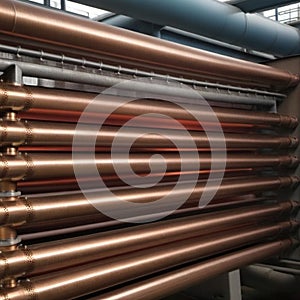 Copper bronze heat exchanger pipes. Heavy non-ferrous metallurgy. Factory industrial production of metal cuprum pipes