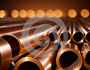 Copper bronze heat exchanger pipes. Heavy non-ferrous metallurgy. Factory industrial production of metal cuprum pipes