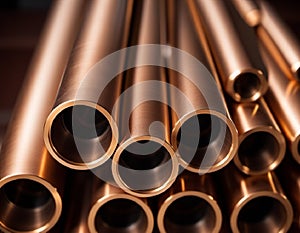 Copper bronze heat exchanger pipes. Heavy non-ferrous metallurgy. Factory industrial production of metal cuprum pipes