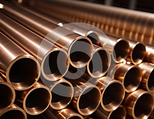 Copper bronze heat exchanger pipes. Heavy non-ferrous metallurgy. Factory industrial production of metal cuprum pipes