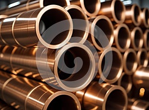 Copper bronze heat exchanger pipes. Heavy non-ferrous metallurgy. Factory industrial production of metal cuprum pipes