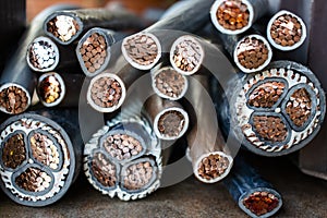 Copper cables covered with rubber on a pile