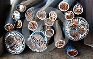 Copper cables covered with rubber on a pile