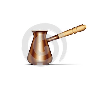 A copper cezve for to make Turkish coffee. Realistic 3d vector household utensil object isolated on the white background. Coffee