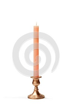 Copper chandelier with a pink candle on a white background with copy space