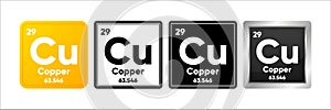 Copper chemical element with 29 atomic number, atomic mass and electronegativity values. Periodic table concept. Logo in