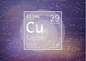 Copper chemical element with first ionization energy, atomic mass and electronegativity values on scientific background