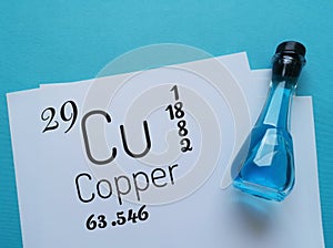 Copper, a chemical element of the periodic table with the symbol Cu and atomic data with blue copper sulfate solution