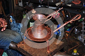 Copper coffee pot, cup