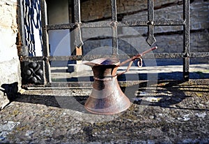 Copper coffee pot, cup