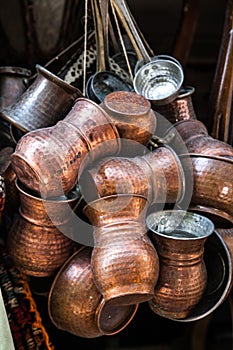 Copper coffee pots at a street market in Istanbul, Turkey