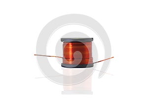 Copper coil, Ferrite core inductor on white background. passive