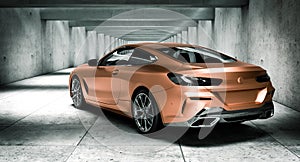 Copper-colored sports car in modern concrete architectural structure