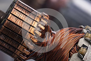 Copper commutator bar of the electric motor close up