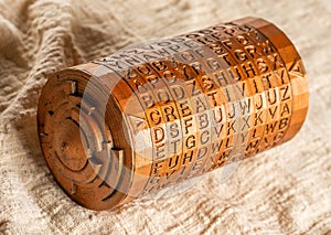Copper cryptex invented by Leonardo da Vinci from the book da vinci code. Word creativity as password set by letters