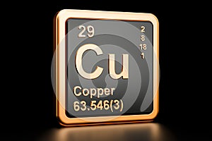 Copper Cu chemical element. 3D rendering