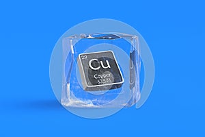 Copper Cu chemical element of periodic table in ice cube. Symbol of chemistry element
