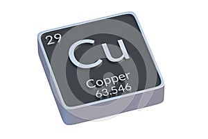 Copper Cu chemical element of periodic table isolated on white background. Metallic symbol of chemistry element