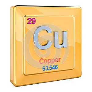 Copper Cu, chemical element sign with number 29 in periodic table. 3D rendering
