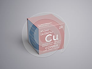 Copper. Cuprum. Transition metals. Chemical Element of Mendeleev\'s Periodic Table. 3D illustration