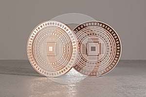 Copper digital coins on metal floor as example for bitcoins, fin-tech or online-banking