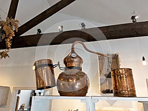 Copper distilling apparatus alembic with essential oil