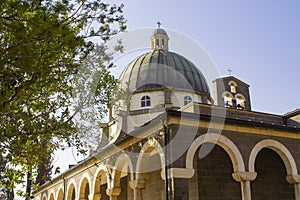 The copper dome of the Church of the Beatitudes located on the M