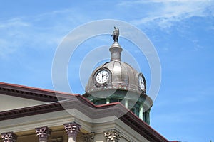 Copper dome, clocks and statue atop Lancaster County, PA courthouse.