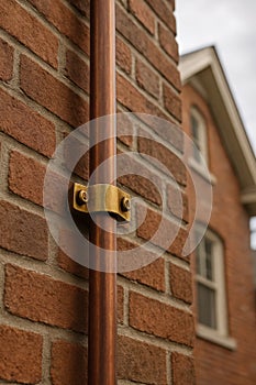 Copper Downpipe With A Brass Bracket On A Brick Wall, generative ai