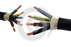 Copper electric power cable assemblies in PVC insulation jackets standing against each other, white background photo