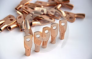 Copper electric terminals. connection tips for cables and wires. electrician accessories and spare parts