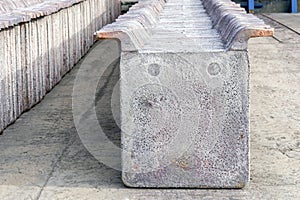 Copper electrolysis-anode plates. The copper is refined by electrolysis. The anodes cast from processed blister copper.