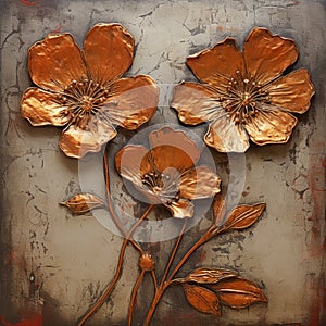 Copper Flower Wall Art: Dark Beige And Bronze Oil Paintings photo