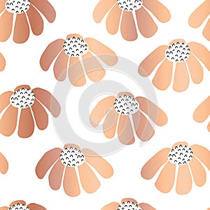 Copper foil Seamless repeat vector flowers background. Scattered florals pattern. Rose Gold metallic flowers. For girl, nursery,