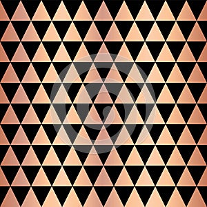 Copper foil triangle geometric seamless vector pattern. Rose gold shiny triangle shapes on black background. Elegant for web