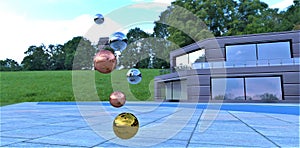 Copper, gold and chrome balls float in the air in front of a futuristic house. A suitable illustration for sats about anomalous photo