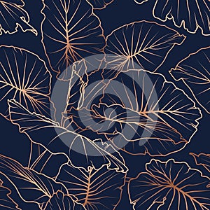 Copper gold shiny outline navy dark blue tropical background.