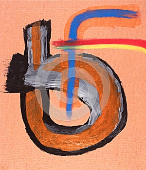 Copper grounded acrylic painting using black white and orange paints and vivid oil pastels