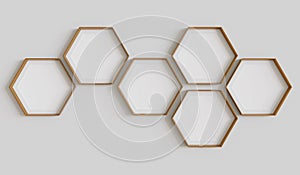 Copper hexagon blank photo frames mockup hanging on interior wall. Hexagonal pictures on painted surface. 3D rendering