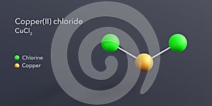 copper(ii) chloride molecule 3d rendering, flat molecular structure with chemical formula and atoms color coding