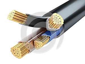 Copper industrial four-core cable in black insulation. The concept of power supply of the enterprise