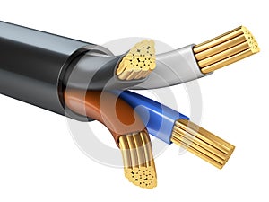 Copper industrial four-core cable in black insulation. The concept of power supply of the enterprise