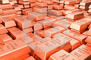 Copper ingots, bars background. 3D rendering