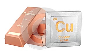 Copper ingots with Cu element symbol. 3D rendering