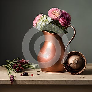 Copper jug containing flowers on a shelf with more flowers