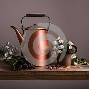 Copper kettle with dried flowers on a shelf